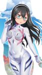  1girl black-framed_eyewear black_hair blue_eyes bodysuit breasts cosplay covered_navel evangelion:_3.0+1.0_thrice_upon_a_time glasses hairband highres kantai_collection long_hair makinami_mari_illustrious makinami_mari_illustrious_(cosplay) neon_genesis_evangelion ooyodo_(kancolle) pilot_suit plugsuit rebuild_of_evangelion semi-rimless_eyewear small_breasts solo under-rim_eyewear white_bodysuit white_hairband yasume_yukito 