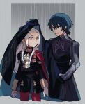  1boy 1girl :o armor ascot bangs black_armor black_cape black_gloves blue_eyes blue_hair blush byleth_(fire_emblem) byleth_(fire_emblem)_(male) cape cape_removed commentary_request edelgard_von_hresvelg eye_contact fire_emblem fire_emblem:_three_houses forehead garreg_mach_monastery_uniform gauntlets gloves hair_between_eyes hair_ribbon kurimori long_hair long_sleeves looking_at_another open_mouth pantyhose purple_eyes purple_ribbon rain red_cape red_legwear ribbon short_hair teacher_and_student tongue uniform white_ascot white_gloves white_hair 