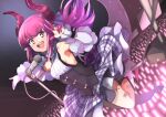  1girl asymmetrical_horns blue_eyes boots breasts corset curled_horns detached_sleeves dragon_girl dragon_horns dragon_tail elizabeth_bathory_(fate) elizabeth_bathory_(fate/extra_ccc) fate/extra fate/extra_ccc fate_(series) haku_(grimjin) highres horns idol long_hair microphone microphone_stand pink_hair pointy_ears small_breasts solo tail white_footwear white_sleeves 