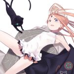  1girl abigail_williams_(fate) abigail_williams_(swimsuit_foreigner)_(fate) bangs bare_shoulders black_bow black_cat black_jacket blonde_hair blue_eyes bow braid braided_bun breasts cat daisi_gi double_bun dress_swimsuit fate/grand_order fate_(series) forehead highres jacket keyhole long_hair mitre multiple_bows off_shoulder open_mouth orange_bow parted_bangs sidelocks small_breasts smile swimsuit thighs twintails very_long_hair white_headwear white_swimsuit 