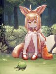  1girl :3 :o ahoge animal_ear_fluff animal_ears bag bangs beige_skirt bloomers braid brown_hair capelet creature dappled_sunlight egg_hair_ornament eyebrows_visible_through_hair food food-themed_hair_ornament forest fox_ears fox_girl fox_tail french_braid frills garter_straps grass hair_ornament hands_on_own_knees highres jacy knees_together_feet_apart long_sleeves looking_down multicolored_hair nature open_mouth orange_eyes original outdoors pancake pigeon-toed rock shirt sitting solo streaked_hair sunlight tail thighhighs tree underwear white_hair white_shirt wing_collar 