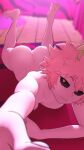  1girl arm_support ashido_mina ass bed bedroom black_sclera blurry blurry_background boku_no_hero_academia colored_sclera colored_skin commentary english_commentary feet_up floor foreshortening greatm8 highres horns indoors looking_at_viewer lying nude on_floor on_stomach parted_lips pink_hair pink_skin selfie short_hair soles solo spread_legs yellow_eyes 