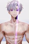 1boy abs absurdres barcode barcode_tattoo collarbone commentary grey_background highres looking_at_viewer male_focus muscular muscular_male no_nipples original parted_lips pectorals purple_eyes purple_hair short_hair solo sweat tattoo topless_male upper_body very_short_hair wet wet_hair yoru_(yowuyoru) 