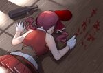  1girl blood blood_writing bodystocking bottle bow commentary_request dying_message facing_away fake_blood gloves hair_bow highres hololive houshou_marine lying mikan_(chipstar182) miniskirt on_stomach pleated_skirt red_bow red_hair red_skirt red_vest skirt solo translated twintails vest virtual_youtuber white_gloves wine_bottle wooden_floor writing 