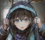  1girl adjusting_hood amiya_(arknights) animal_ears arknights ascot black_coat blue_ascot blue_eyes brown_hair coat collar commentary ears_through_headwear english_commentary frilled_collar frills hair_between_eyes highres hood hood_up hooded_coat jewelry long_hair looking_at_viewer multiple_rings neck_ring open_mouth portrait rabbit_ears rain ring solo yeej_(yeejchan) 