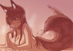  1girl animal_ear_fluff animal_ears arknights ass barefoot blush breasts brown_hair cleavage clenched_hand closed_mouth commentary completely_nude covering covering_breasts eyebrows_visible_through_hair foot_out_of_frame fox_ears fox_girl fox_tail franka_(arknights) gradient gradient_background konigstigerchan leg_up long_hair looking_at_viewer lying medium_breasts nude on_stomach orange_eyes pink_background simple_background smile solo steaming_body sweat tail 