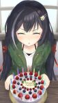  1girl :o bangs birthday_cake black_bra black_hair blowing blush bra breast_pocket cake candle cat_hair_ornament closed_eyes collarbone commentary drawstring eyebrows_visible_through_hair facing_down facing_viewer flat_chest food food_request fruit green_jacket hair_ornament hair_ribbon hairclip halterneck happy_birthday highres hsk_pad indoors jacket karyl_(real)_(princess_connect!) long_hair long_sleeves multicolored_hair open_clothes open_jacket parted_lips plate pocket princess_connect! red_ribbon ribbon shirt sitting solo strawberry streaked_hair twintails underwear upper_body v-shaped_eyebrows white_hair white_shirt window wooden_table 