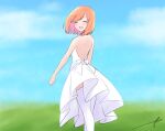  1girl :d ^_^ backless_dress backless_outfit bangs bare_arms bare_shoulders blue_sky blush closed_eyes cloud commentary day dress eyebrows_behind_hair facing_viewer feet_out_of_frame from_behind go-toubun_no_hanayome green_ribbon highres kujou_karasuma nakano_yotsuba open_mouth orange_hair outdoors pleated_dress ribbon signature sky smile solo symbol-only_commentary thighhighs white_dress white_legwear 