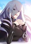  1girl :d black_dress black_eyes capelet countdown dress echidna_(re:zero) eyebrows_visible_through_hair highres kumuo_(mirakurufusao) long_hair long_sleeves looking_at_viewer open_mouth own_hands_clasped own_hands_together re:zero_kara_hajimeru_isekai_seikatsu shadow smile solo white_hair 