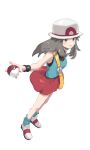  1girl bag black_wristband blue_legwear blue_shirt brown_eyes brown_hair bucket_hat closed_mouth full_body grey_asa hair_flaps hat highres holding holding_poke_ball leaf_(pokemon) long_hair looking_at_viewer loose_socks messenger_bag poke_ball poke_ball_(basic) pokemon pokemon_(game) pokemon_frlg red_skirt shirt shoes shoulder_bag skirt sleeveless sleeveless_shirt smile solo vs_seeker white_footwear white_headwear wristband yellow_bag 