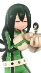  1girl 3d asui_tsuyu bangs belt black_eyes black_hair bodysuit boku_no_hero_academia character_doll closed_eyes commentary english_commentary frog_girl gloves greatm8 hair_rings hands_up highres hunched_over long_hair low-tied_long_hair nendoroid parted_bangs pointing pointing_at_self simple_background smile solid_circle_eyes solo source_filmmaker_(medium) superhero tongue tongue_out upper_body white_background white_gloves 
