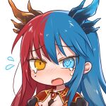 1girl bangs blue_eyes blue_hair blue_horns blush breasts bright_pupils chibi cleavage commission commissioner_upload crying crying_with_eyes_open dragon_girl dragon_horns dress eyebrows_visible_through_hair gem heterochromia horns inferna_dragnis jewelry large_breasts long_hair looking_at_viewer monster_girl multicolored_hair multicolored_horns necktie open_mouth orange_eyes original pale_skin red_hair red_horns solo split-color_hair standing symbol-shaped_pupils tears transparent_background two-tone_hair usagi1923 water_drop white_pupils 