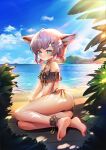  1girl absurdres ahoge animal_ears arknights ass barefoot beach bikini black_bikini blue_eyes blue_sky blush bow bow_bikini brown_hair cloud cloudy_sky feet fox_ears hair_ornament hairclip highres looking_at_viewer manic_shd mountainous_horizon no_tail official_alternate_costume oripathy_lesion_(arknights) outdoors palm_leaf sand shiny shiny_hair short_hair short_twintails sky smile soles solo sunlight sussurro_(arknights) sussurro_(summer_flowers)_(arknights) swimsuit toes twintails water 