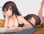  1girl barefoot black_bra black_hair book bra breasts cleavage collarbone grey_background hair_between_eyes highres kantai_collection kasumi_(skchkko) long_hair looking_at_viewer lying nagato_(kancolle) on_stomach open_book open_mouth red_eyes simple_background solo the_pose underwear 