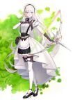  1girl black_footwear black_skirt blue_eyes bow_(weapon) commentary_request elf full_body holding holding_bow_(weapon) holding_weapon long_hair looking_at_viewer maid_headdress original pointy_ears shoes skirt solo standing thighhighs tokuno_yuika weapon white_hair white_legwear 