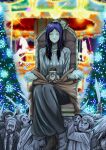  1girl black_hair blue_eyes carousel chainsaw_man doll dress highres lights mole mole_on_cheek mole_under_eye mole_under_mouth santa_claus_(chainsaw_man) segawa_ryuu sitting smile sweater throne tree 