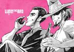  2boys ahn_dongshik arm_hair arsene_lupin_iii beard black_shirt cigarette facial_hair greyscale gun highres holding holding_cigarette holding_gun holding_weapon jigen_daisuke looking_at_viewer lupin_iii male_focus monochrome multiple_boys pink_background shirt weapon 