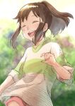  1girl :d absurdres blurry blurry_background brown_hair child closed_eyes day hakumai_(hakumai_art) highres laughing ogino_chihiro open_mouth outdoors sen_to_chihiro_no_kamikakushi shirt sidelocks smile solo standing striped striped_shirt 