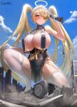  1girl absurdres amebi arm_up armpits azur_lane black_dress blonde_hair breast_curtains breasts building city cleavage commission cosplay dress garter_straps giant giantess gloves hair_ornament halo highres holding huge_breasts long_hair looking_at_viewer no_shoes official_alternate_costume one_eye_covered one_knee original pelvic_curtain revealing_clothes short_dress sirius_(azur_lane) sirius_(azur_lane)_(cosplay) sirius_(azure_horizons)_(azur_lane) sleeveless sleeveless_dress smile solo sweat thighhighs thighs twintails very_long_hair white_gloves white_legwear yellow_eyes 