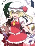  1girl ;d ascot bangs blonde_hair blush bow broken commentary_request crystal dual_persona eyebrows_visible_through_hair flandre_scarlet frilled_shirt_collar frills full_body hair_between_eyes hat hat_bow highres looking_at_viewer mob_cap one_eye_closed one_side_up open_mouth otoufu_(wddkq314band) pantyhose petticoat pointy_ears puffy_short_sleeves puffy_sleeves red_bow red_eyes red_footwear red_skirt red_vest short_hair short_sleeves simple_background skirt smile solo stuffed_animal stuffed_toy teddy_bear teeth touhou vest white_background white_headwear wings yellow_ascot 