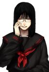  1girl black_hair black_sailor_collar black_shirt braces glasses grey_eyes hand_up highres hoshi_san_3 long_hair long_sleeves looking_at_viewer mole mole_under_eye mole_under_mouth neckerchief original pale_skin red_neckerchief sailor_collar school_uniform semi-rimless_eyewear serafuku shirt simple_background solo under-rim_eyewear upper_body white_background 