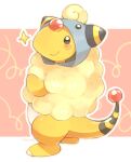  ampharos blush_stickers closed_mouth commentary_request cosplay full_body grey_eyes hood hood_up looking_to_the_side mareep mareep_(cosplay) no_humans outline pokemon pokemon_(creature) signature smile solo sparkle standing tansho 