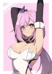  1girl armpits arms_up bare_shoulders black_gloves blue_eyes breasts bright_pupils cleavage elbow_gloves elysia_(honkai_impact) gloves hair_ornament highres honkai_(series) honkai_impact_3rd large_breasts long_hair looking_at_viewer low_ponytail pink_hair shirt sideless_outfit sleeveless sleeveless_shirt solo strapless strapless_shirt stretch ugwa upper_body white_shirt 