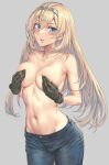  1girl black_gloves black_pants blonde_hair blue_eyes blush breasts collarbone covering covering_breasts cowboy_shot eyebrows_visible_through_hair gloves grey_background groin hair_between_eyes hairband highres kantai_collection kokuzou large_breasts long_hair navel open_mouth pants simple_background solo tiara topless victorious_(kancolle) 