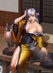  1girl breasts ciri cleavage closed_mouth commentary english_commentary eyeshadow flower fox green_eyes hair_flower hair_ornament highres japanese_clothes kimono looking_at_viewer makeup medium_breasts nextoad patting scar silver_hair sitting solo the_witcher_(series) the_witcher_3 tied_hair yellow_kimono 