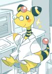  ampharos black_eyes buttons chair closed_mouth clothed_pokemon commentary_request desk glasses labcoat monitor no_humans pokemon pokemon_(creature) sitting smile solo sparkle tansho 