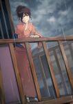  1girl bangs black_hair brown_eyes dutch_angle floral_print gintama hair_between_eyes head_rest highres ibaraki_shun japanese_clothes kimono leaning_forward long_hair long_sleeves orange_kimono outdoors parted_lips ponytail print_kimono rain shimura_tae shiny shiny_hair solo standing tied_hair 