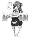 1girl alcohol areola_slip areolae bangs beer beer_mug blush breasts commentary_request cup detached_collar dress eonsang eyebrows_visible_through_hair g28_(girls&#039;_frontline) girls&#039;_frontline greyscale highres holding holding_cup instant_loss korean_commentary korean_text large_breasts long_hair looking_at_viewer mole mole_under_eye monochrome mug no_bra open_mouth simple_background skindentation smile solo speech_bubble teeth thighhighs translation_request upper_teeth white_background 