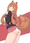  1girl animal_ear_fluff animal_ears backpack bag blush commentary_request cosplay eyebrows_visible_through_hair highres jacket kusubii legs light_brown_hair long_hair looking_back marnie_(pokemon) panties pink_eyes pokemon pout raccoon_ears raccoon_tail raphtalia sidelocks tail tate_no_yuusha_no_nariagari underwear 