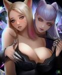  2girls ahri_(league_of_legends) animal_ears black_choker blonde_hair blue_eyes blush bra bra_pull breasts choker cleavage closed_mouth clothes_pull commentary double_bun earrings english_commentary evelynn_(league_of_legends) facial_mark fingernails fox_ears hair_cones hand_on_breast jewelry k/da_(league_of_legends) k/da_ahri large_breasts league_of_legends light_blue_hair lipstick long_fingernails long_hair makeup multicolored_hair multiple_girls nextoad parted_lips pink_hair purple_lips shy the_baddest_evelynn two-tone_hair underwear whisker_markings yellow_eyes 