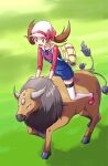  1girl :d blue_overalls bow brown_eyes brown_hair cabbie_hat commentary_request eyelashes floating_hair grass hat hat_bow highres long_hair lyra_(pokemon) nurutema open_mouth overalls pokegear pokemon pokemon_(creature) pokemon_(game) pokemon_hgss red_footwear red_shirt riding riding_pokemon shirt shoes smile tauros thighhighs tongue twintails white_headwear white_legwear yellow_bag 
