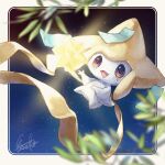  :d absurdres blurry brown_eyes commentary_request etsuko_pkmn highres jirachi leaf no_humans open_mouth pokemon pokemon_(creature) signature smile solo tongue 
