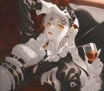  1girl alcohol bangs belt commentary_typo couch cup drinking_glass fangs frills gloves looking_at_viewer loose_clothes low_wings lying maid maid_headdress medium_hair on_back on_couch open_mouth original pillow pointy_ears red_eyes vampire white_hair wine wine_glass wings yuka865 