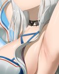  1girl absurdres arknights armpits arms_up bikini black_choker breasts chinese_clothes choker cleavage close-up commentary_request head_out_of_frame highres large_breasts long_hair official_alternate_costume silver_hair skadi_(arknights) skadi_(waverider)_(arknights) solo sweat swimsuit upper_body vamjulian white_bikini 