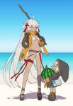  2girls ahoge bangs beach bikini black_jacket blush breasts cropped_jacket dark-skinned_female dark_skin eyebrows_visible_through_hair fate/grand_order fate_(series) food fruit grey_eyes highres hood hooded_jacket jacket long_hair long_sleeves looking_at_another looking_up medium_breasts multiple_girls navel ocean okita_souji_(alter_swimsuit_saber)_(fate) okita_souji_(fate) open_mouth orange_scarf rengoku_(fate) scarf shrug_(clothing) smile stick swimsuit tassel very_long_hair wada_arco water watermelon white_bikini white_hair 