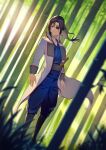 1girl androgynous bamboo bamboo_forest black_hair blue_kimono blue_pants blurry blurry_foreground brown_eyes closed_mouth coat collarbone dutch_angle eyepatch floating_hair forest frown full_body gintama highres ibaraki_shun japanese_clothes kimono long_hair long_sleeves nature open_clothes open_coat pants ponytail shiny shiny_hair solo standing white_coat yagyuu_kyuubei 
