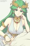 1girl bare_shoulders bed breasts dress gofelem green_eyes green_hair jewelry kid_icarus large_breasts long_hair looking_at_viewer navel necklace palutena smile solo super_smash_bros. tiara underwear unfinished very_long_hair 