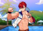  1boy bara bare_shoulders cloud day green_hair helios_rising_heroes jacket large_pectorals lif_(shuroong) male_focus muscular muscular_male open_clothes open_jacket otori_akira palm_tree pectoral_cleavage pectorals pool red_hair short_hair sky solo tree umbrella water white_male_swimwear 
