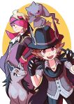  2boys :d absurdres animal_hands ascot banette bangs black_gloves black_headwear blonde_hair buttons cape closed_mouth commentary_request eyelashes gloves grey_shirt hand_on_hip hands_up hat headband highres hilbert_(pokemon) jewelry long_sleeves male_focus meiji_(meijihoney) mightyena morty_(pokemon) multiple_boys necklace official_alternate_costume open_mouth pants paw_gloves pokemon pokemon_(creature) pokemon_(game) pokemon_masters_ex shirt short_hair short_sleeves smile teeth tongue upper_teeth vest white_ascot 