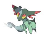  aru_(citrine_drplt) commentary_request dreepy half-closed_eyes halloween highres looking_at_viewer no_humans pokemon pokemon_(creature) ribbon simple_background solo stitches yellow_eyes 