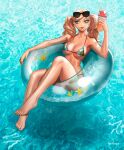  1girl afloat aqua_eyes barefoot bikini blonde_hair breasts cocktail cocktail_glass commentary cup drinking_glass eyewear_on_head feet full_body holding holding_cup innertube legs long_hair looking_at_viewer medium_breasts nextoad parted_lips persona persona_5 solo sunglasses swimming swimsuit takamaki_anne toes twintails water watermark 