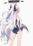  1girl ahoge ass bare_arms bare_legs bare_shoulders blue_archive from_behind halo hina_(blue_archive) horns long_hair low_wings multiple_horns old_school_swimsuit purple_eyes school_swimsuit solo swimsuit watanuki_416 white_hair wings 