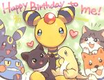  ampharos blue_eyes blush cat commentary_request croagunk dog hand_up happy_birthday heart holding looking_at_viewer no_humans notice_lines pokemon pokemon_(creature) signature sparkle tansho teeth umbreon 