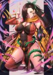  1girl aduti_momoyama alternate_costume belt breasts brown_hair butterfly_hair_ornament butterfly_wings cleavage cleavage_cutout clothing_cutout covered_navel detached_sleeves expressionless fire_emblem fire_emblem_fates fire_emblem_heroes hair_ornament hair_over_one_eye hand_gesture highres holding holding_weapon kagero_(fire_emblem) large_breasts long_hair official_alternate_costume petals plant ponytail scarf solo thighs thorns vines weapon wings yellow_eyes 