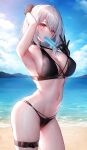  1girl arched_back arm_up armpits bare_arms bare_shoulders beach bikini black_bikini black_gloves breasts choker cleavage contrapposto cowboy_shot food gloves groin halter_top halterneck highres large_breasts lenne_(oyuwari) medium_hair navel open_mouth original oyuwari popsicle popsicle_in_mouth pose red_eyes short_hair standing stomach string_bikini sucking swimsuit thick_thighs thigh_strap thighs wet white_hair 