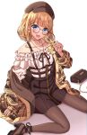  1girl bangs blonde_hair blue_eyes breasts detective glasses hair_ornament hat highres hololive hololive_english magnifying_glass medium_breasts monocle_hair_ornament ojyomu pantyhose short_hair sitting skirt solo virtual_youtuber watson_amelia 
